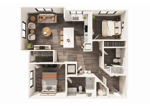 A top-down view of a modern apartment layout with a kitchen, living room, and bedroom.